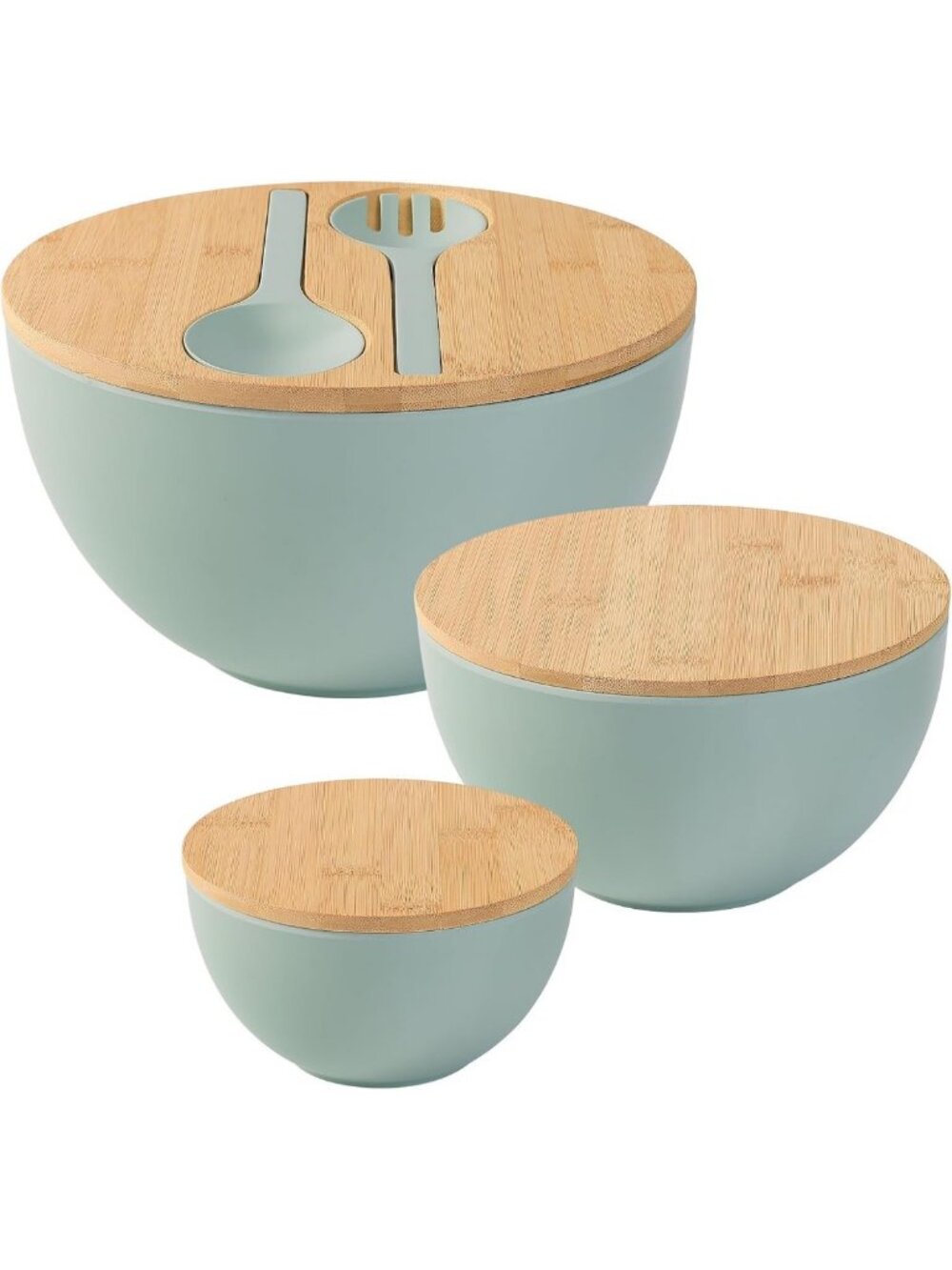 Set of 3 Large Bamboo Fiber Salad Bowls with Lids & Utensils - Perfect for